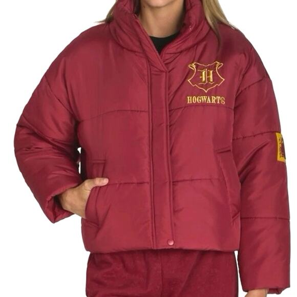 HARRY POTTER HOGWARTS Wizarding World Puffer Coat Jacket SZ XL Rhubarb Red Gold - Picture 2 of 10